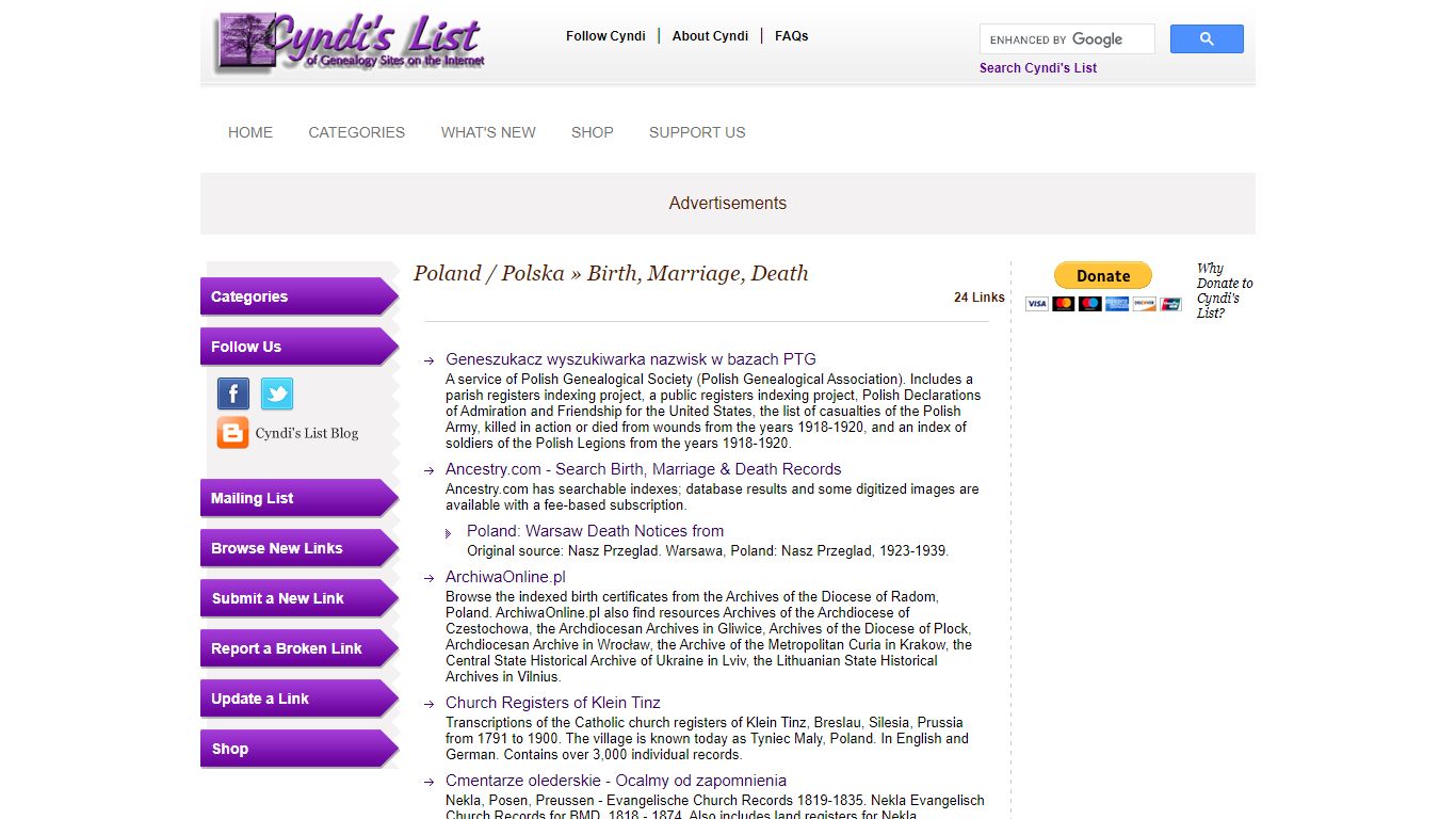 Cyndi's List - Poland / Polska - Birth, Marriage, Death